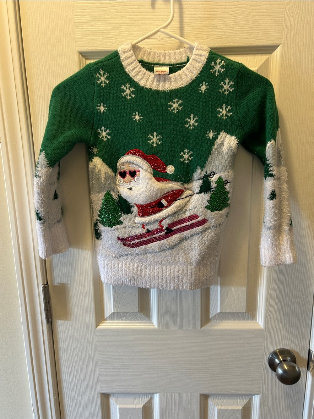 Holiday Time Green & White Santa Ski Sweater with Red Accents